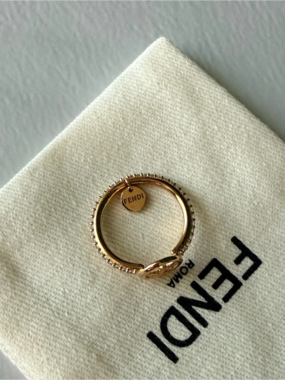 Fendi Gold Logo Circle Ring with Pavé Band Size Large Brand New - Picture 2 of 8